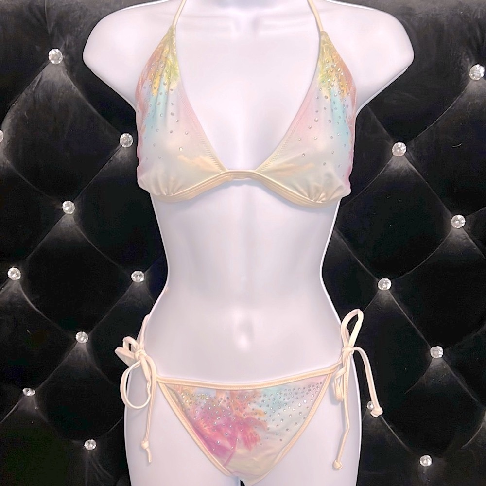 Pink Palm Trees String Bikini With Rhinestones - image 2